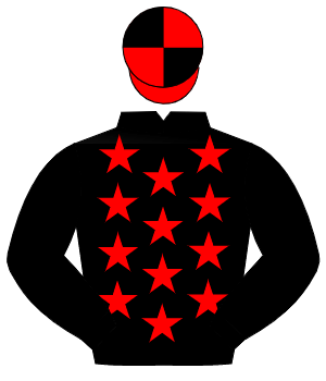 BLACK, red stars, black sleeves, red & black quartered cap