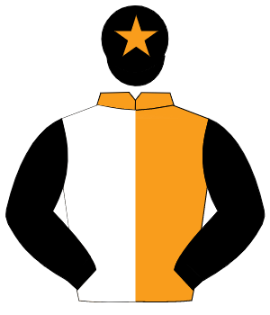 ORANGE & WHITE HALVED, black sleeves, black cap, orange star