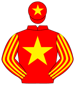 RED, yellow star, striped sleeves, yellow star on cap