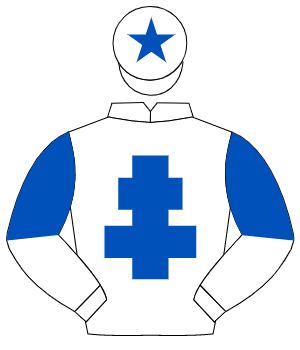 WHITE, royal blue cross of lorraine, halved sleeves, royal blue star on cap