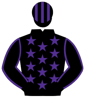 BLACK, purple stars, purple seams on sleeves, striped cap