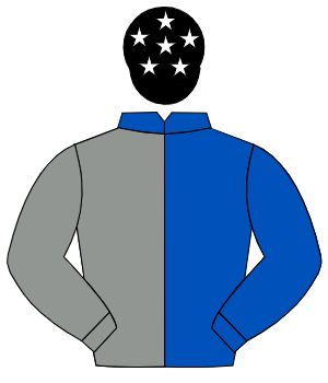 ROYAL BLUE & GREY HALVED, black cap, white stars