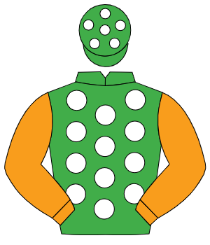 EMERALD GREEN, white spots, orange sleeves, emerald green cap, white spots