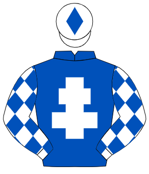 ROYAL BLUE, white cross of lorraine, white sleeves, royal blue diamonds, white cap, royal blue diamond
