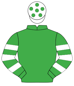 EMERALD GREEN, emerald green & white hooped sleeves, white cap, emerald green spots