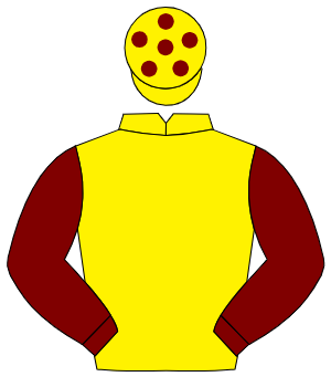 YELLOW, maroon sleeves, yellow cap, maroon spots
