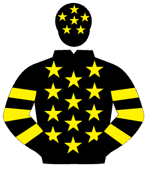 BLACK, yellow stars, hooped sleeves, black cap, yellow stars