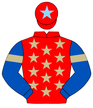 RED, beige stars, royal blue sleeves, beige armlet, red cap, light blue star