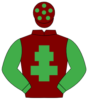 MAROON, emerald green cross of lorraine & sleeves, emerald green spots on cap