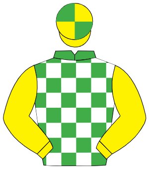EMERALD GREEN & WHITE CHECK, yellow sleeves, yellow & emerald green quartered cap