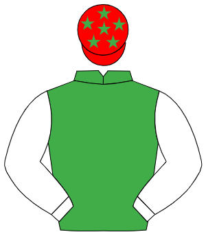 EMERALD GREEN, white sleeves, red cap, emerald green stars
