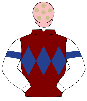 MAROON, dark blue triple diamond, white sleeves, dark blue armlet, pink cap, beige spots