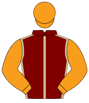 MAROON, beige seams, orange sleeves & cap