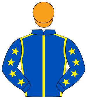 ROYAL BLUE, yellow seams, yellow stars on sleeves, orange cap