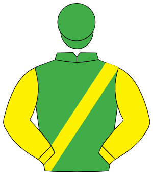 EMERALD GREEN, yellow sash & sleeves, emerald green cap