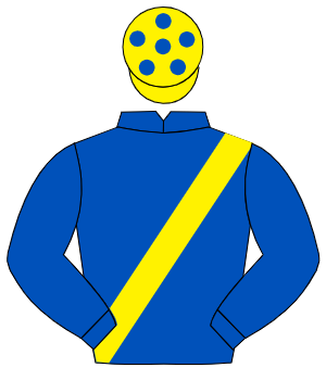 ROYAL BLUE, yellow sash, yellow cap, royal blue spots
