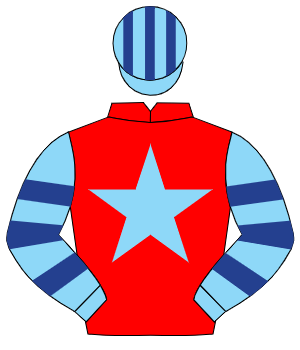 RED, light blue star, light blue & dark blue hooped sleeves, light blue & dark blue striped cap