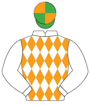 WHITE & ORANGE DIAMONDS, white sleeves, emerald green & orange quartered cap