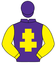 PURPLE, yellow cross of lorraine, yellow sleeves, purple cap                                                                                          