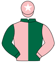 DARK GREEN & PINK HALVED, sleeves reversed, pink cap, white star                                                                                      