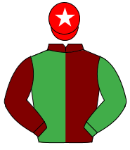 MAROON & EMERALD GREEN HALVED, sleeves reversed, red cap, white star                                                                                  