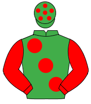 EMERALD GREEN, large red spots & sleeves, emerald green cap, red spots                                                                                