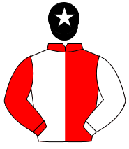 RED & WHITE HALVED, sleeves reversed, black cap, white star                                                                                           