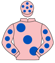 PINK, large royal blue spots, royal blue spots on sleeves, pink cap, blue spots                                                                       
