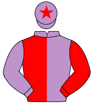 MAUVE & RED HALVED, sleeves reversed, mauve cap, red star                                                                                             