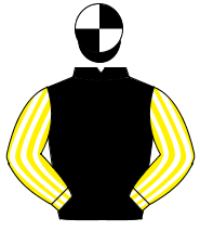 BLACK, yellow & white striped sleeves, black & white quartered cap                                                                                    