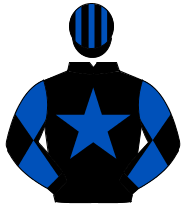 BLACK, royal blue star, diabolo on sleeves, striped cap                                                                                               