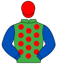 EMERALD GREEN, red spots, royal blue sleeves, red cap                                                                                                 