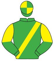 EMERALD GREEN, yellow sash, halved sleeves, quartered cap                                                                                             