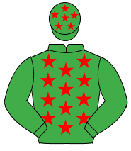 EMERALD GREEN, red stars, emerald green sleeves, red stars on cap                                                                                     