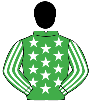 EMERALD GREEN, white stars, striped sleeves, black cap                                                                                                