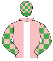 PINK, white panel, emerald green & pink check sleeves & cap                                                                                           