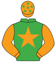 EMERALD GREEN, orange star & sleeves, orange cap, emerald green stars                                                                                 