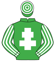 EMERALD GREEN, white cross of lorraine, striped sleeves, hooped cap                                                                                   