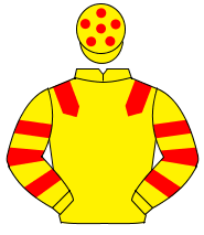 YELLOW, red epaulettes, hooped sleeves, yellow cap, red spots