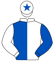 WHITE & ROYAL BLUE HALVED, sleeves reversed, royal blue star on cap                                                                                   