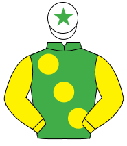 EMERALD GREEN, large yellow spots & sleeves, white cap, emerald green star                                                                            