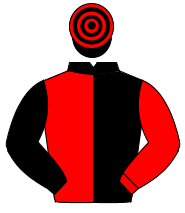 BLACK & RED HALVED, sleeves reversed, hooped cap                                                                                                      
