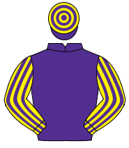 PURPLE, yellow & purple striped sleeves, purple & yellow hooped cap                                                                                   