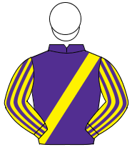 PURPLE, yellow sash, yellow & purple striped sleeves, white cap                                                                                       