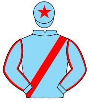 LIGHT BLUE, red sash, red seams on sleeves, red star on cap