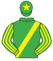 EMERALD GREEN, yellow sash, striped sleeves, yellow star on cap                                                                                       