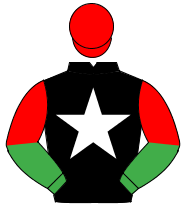 BLACK, white star, emerald green & red halved sleeves, red cap                                                                                        