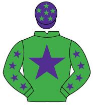 EMERALD GREEN, purple star, purple stars on sleeves, purple cap, emerald green stars