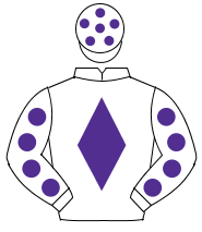WHITE, purple diamond, purple spots on sleeves, white cap, purple spots