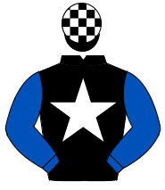 BLACK, white star, royal blue sleeves, black & white check cap                                                                                        